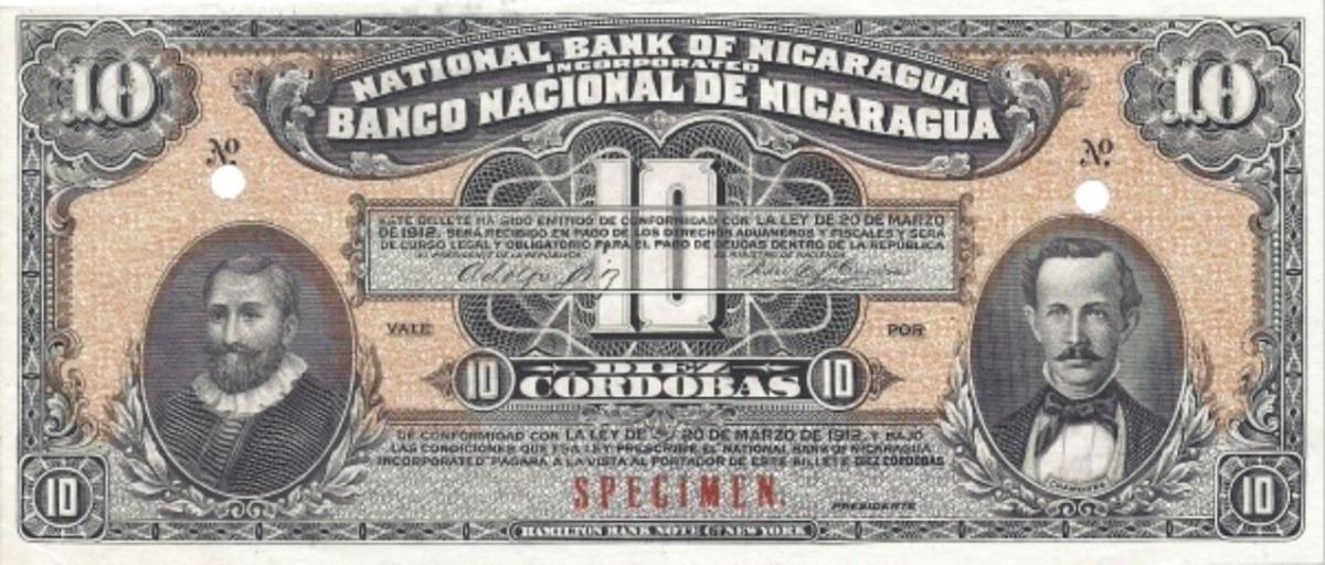 Front of Nicaragua p58s: 10 Cordobas from 1912
