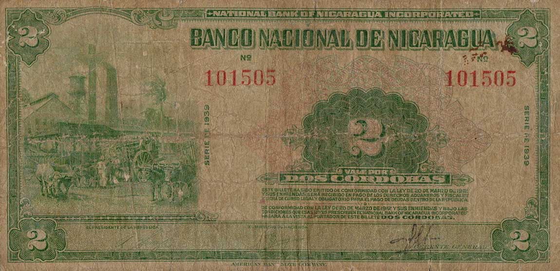 Front of Nicaragua p64a: 2 Cordobas from 1939