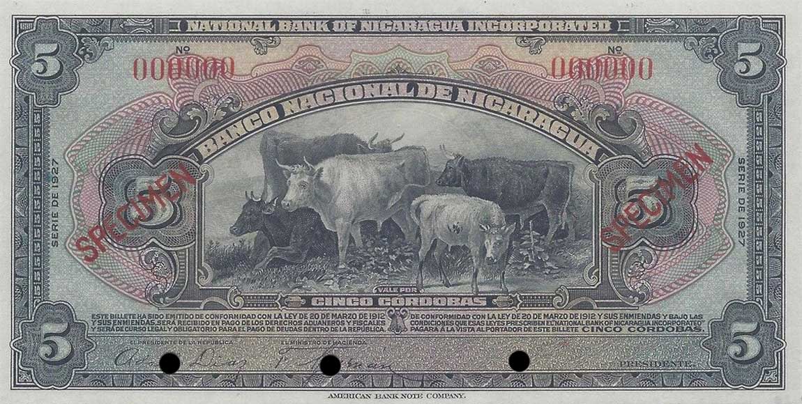 Front of Nicaragua p65s1: 5 Cordobas from 1927