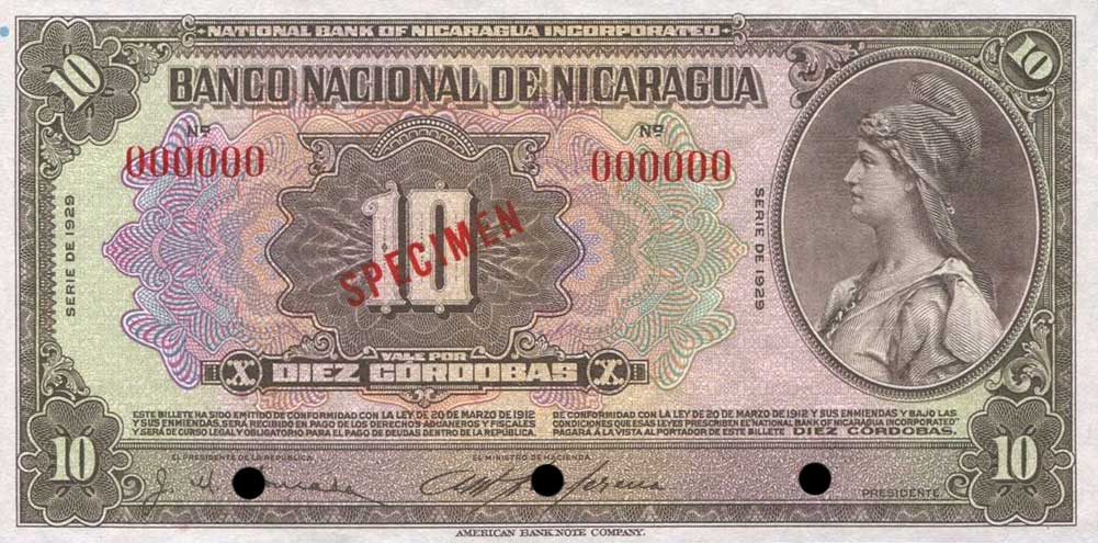 Front of Nicaragua p66s1: 10 Cordobas from 1929