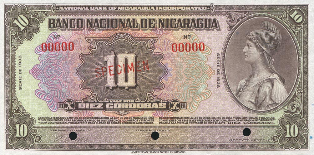 Front of Nicaragua p66s2: 10 Cordobas from 1938