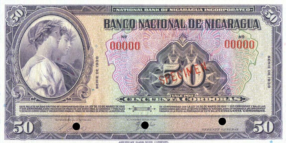 Front of Nicaragua p68s2: 50 Cordobas from 1937