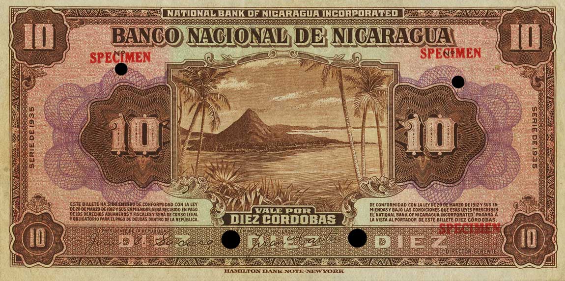 Front of Nicaragua p84s: 10 Cordobas from 1935