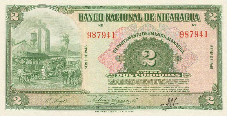 Front of Nicaragua p92b: 2 Cordobas from 1945