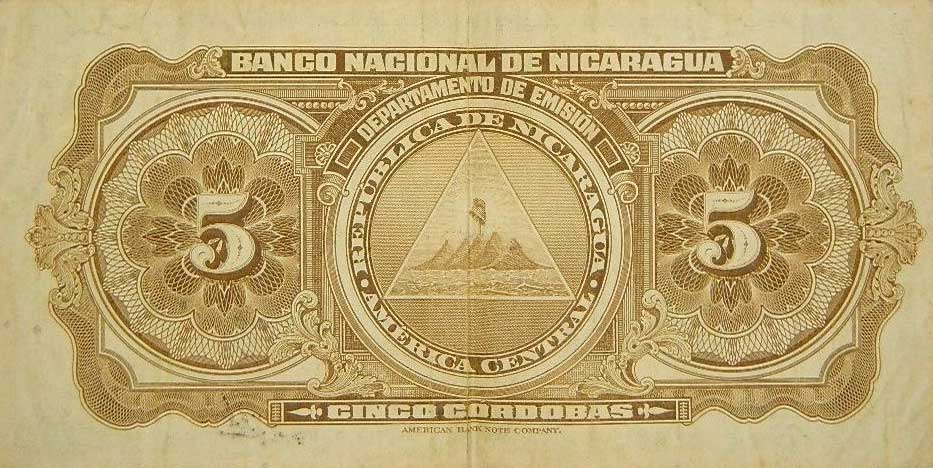 Back of Nicaragua p93b: 5 Cordobas from 1945