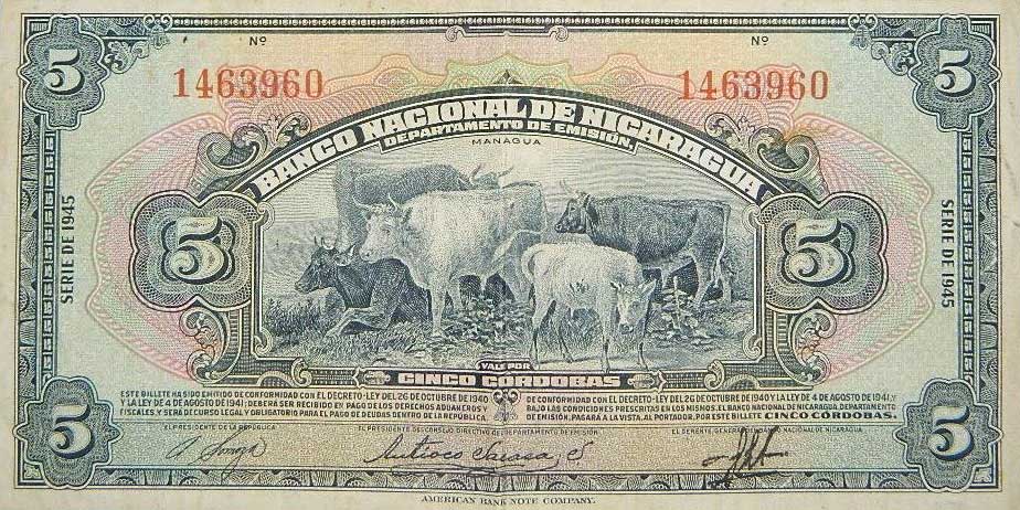 Front of Nicaragua p93b: 5 Cordobas from 1945