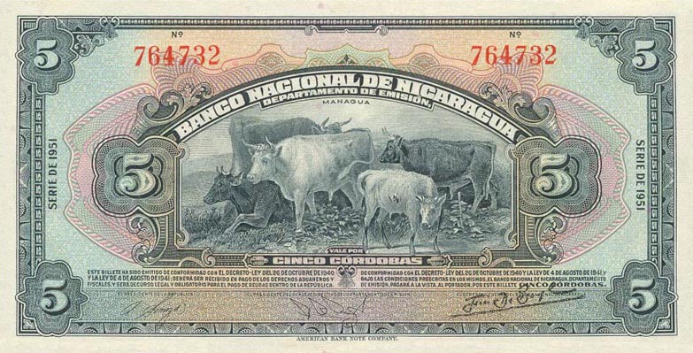Front of Nicaragua p93c: 5 Cordobas from 1951