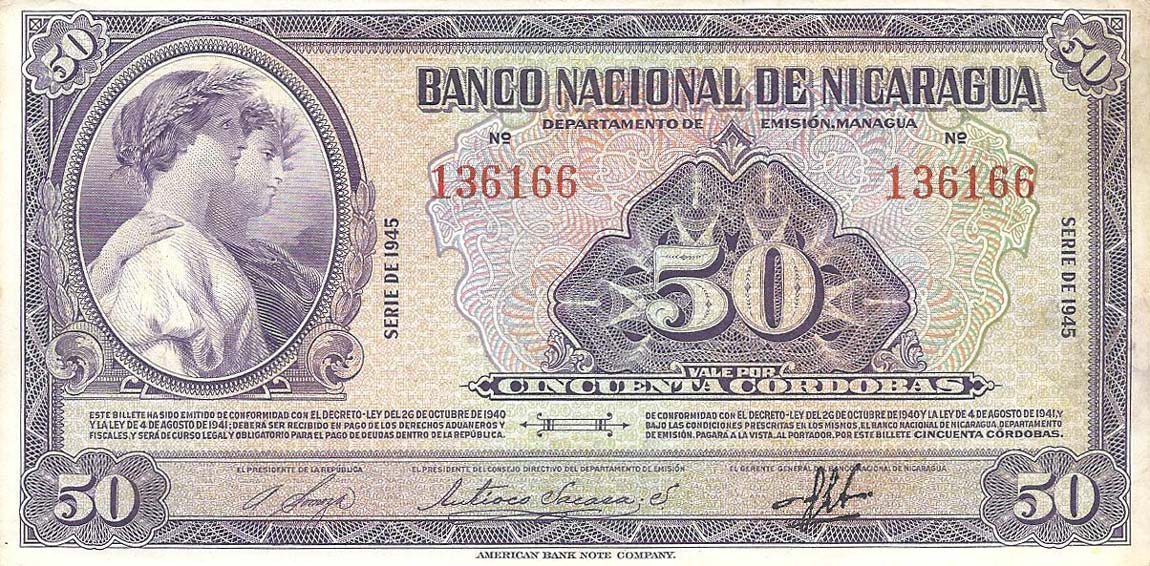 Front of Nicaragua p96b: 50 Cordobas from 1945