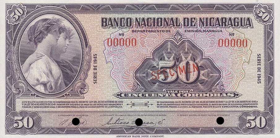 Front of Nicaragua p96s2: 50 Cordobas from 1945