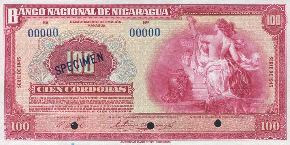 Front of Nicaragua p97s: 100 Cordobas from 1941