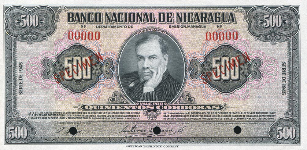 Front of Nicaragua p98s: 500 Cordobas from 1945