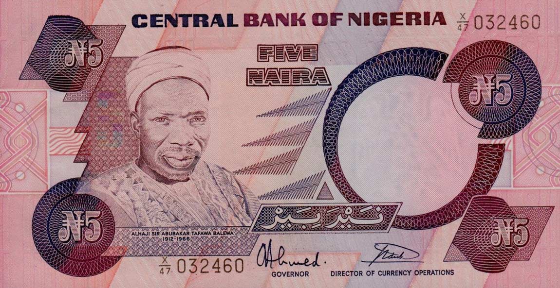 Front of Nigeria p24b: 5 Naira from 1984
