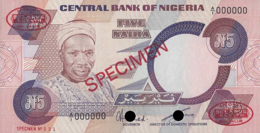 Front of Nigeria p24s: 5 Naira from 1984