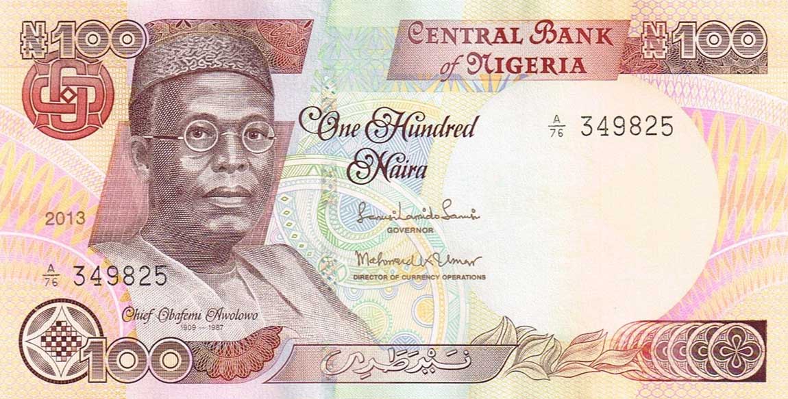 Front of Nigeria p28m: 100 Naira from 2013