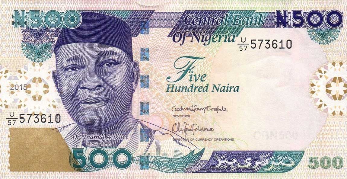 Front of Nigeria p30n: 500 Naira from 2015
