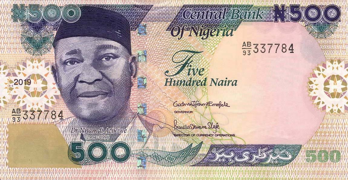 Front of Nigeria p30r: 500 Naira from 2019