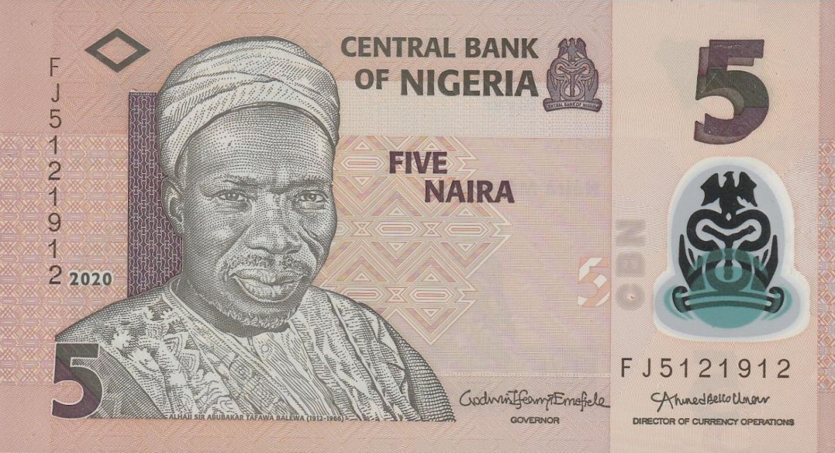 Front of Nigeria p38k: 5 Naira from 2020