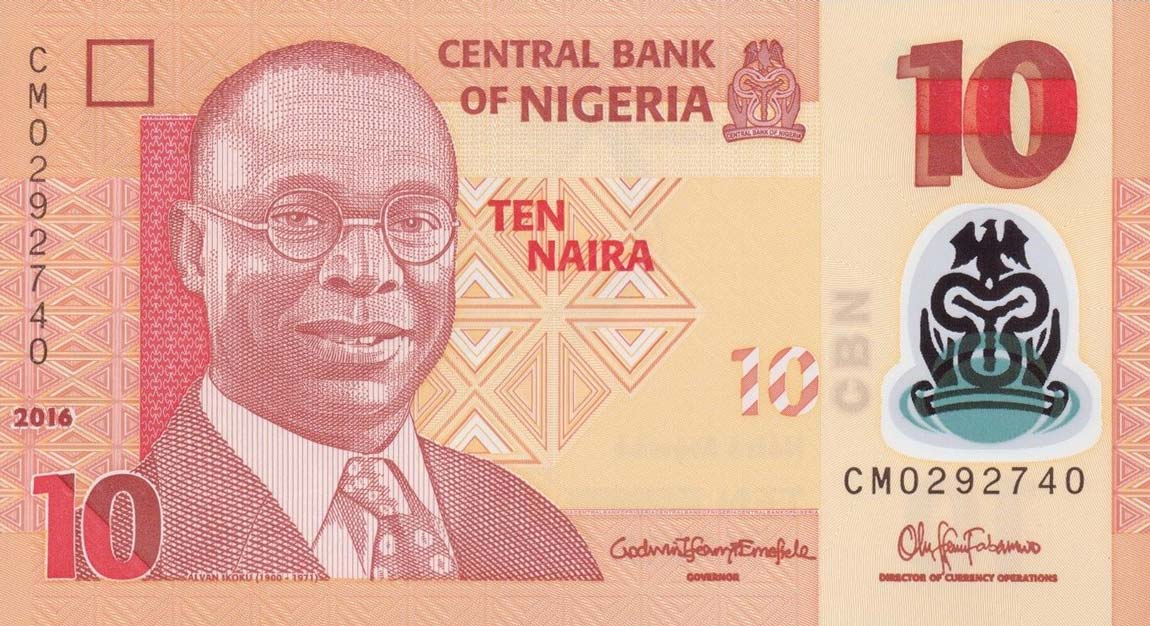 Front of Nigeria p39g: 10 Naira from 2016