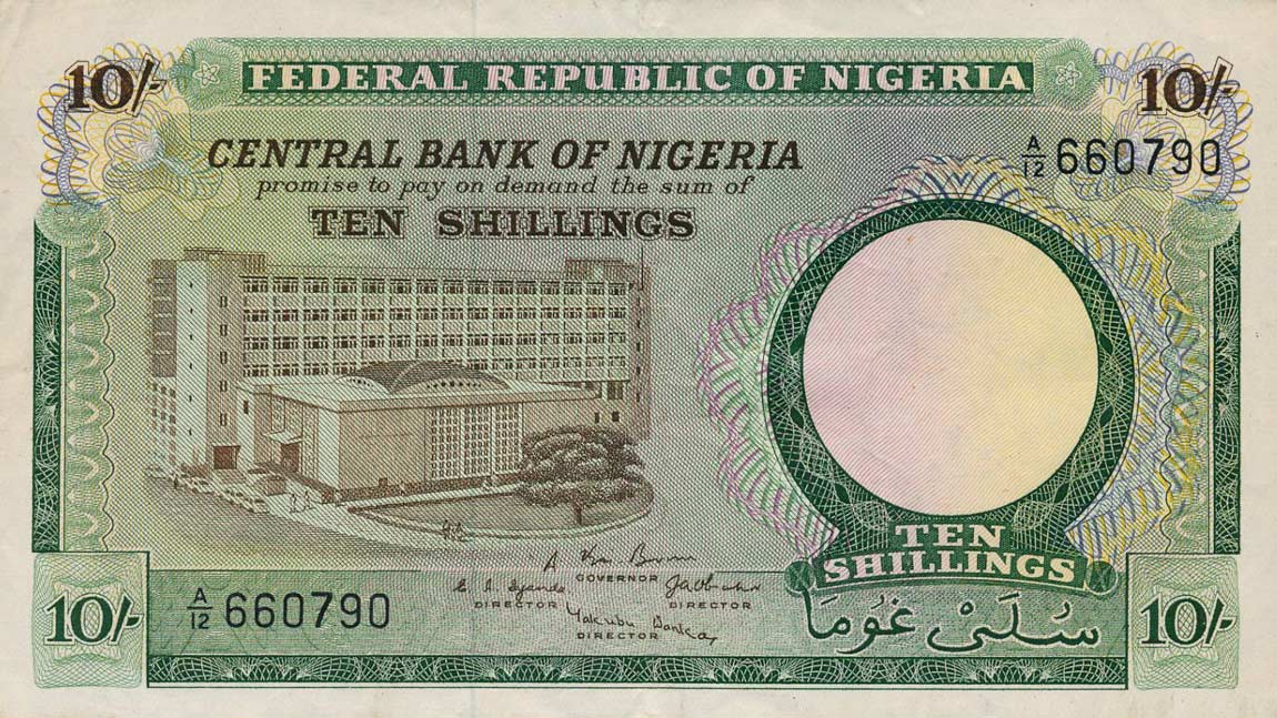 Front of Nigeria p7a: 10 Shillings from 1967