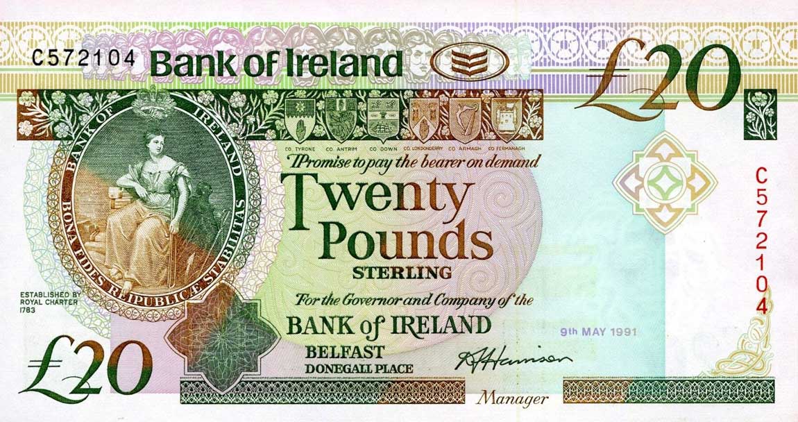 Front of Northern Ireland p72a: 20 Pounds from 1991