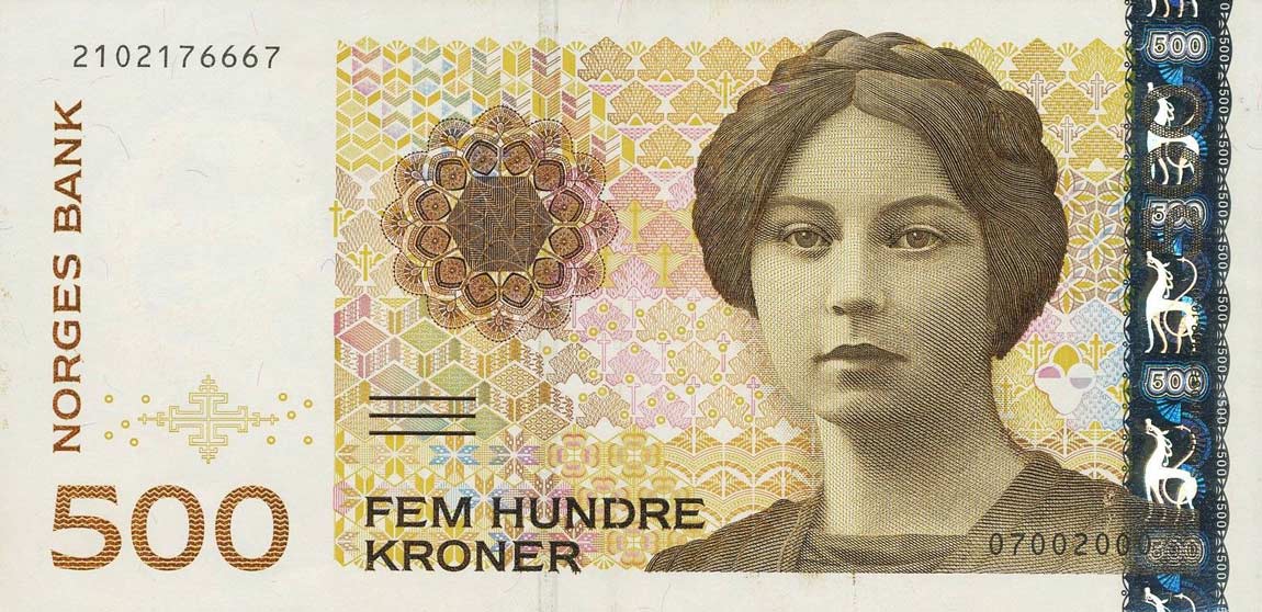 Front of Norway p51b: 500 Krone from 2000