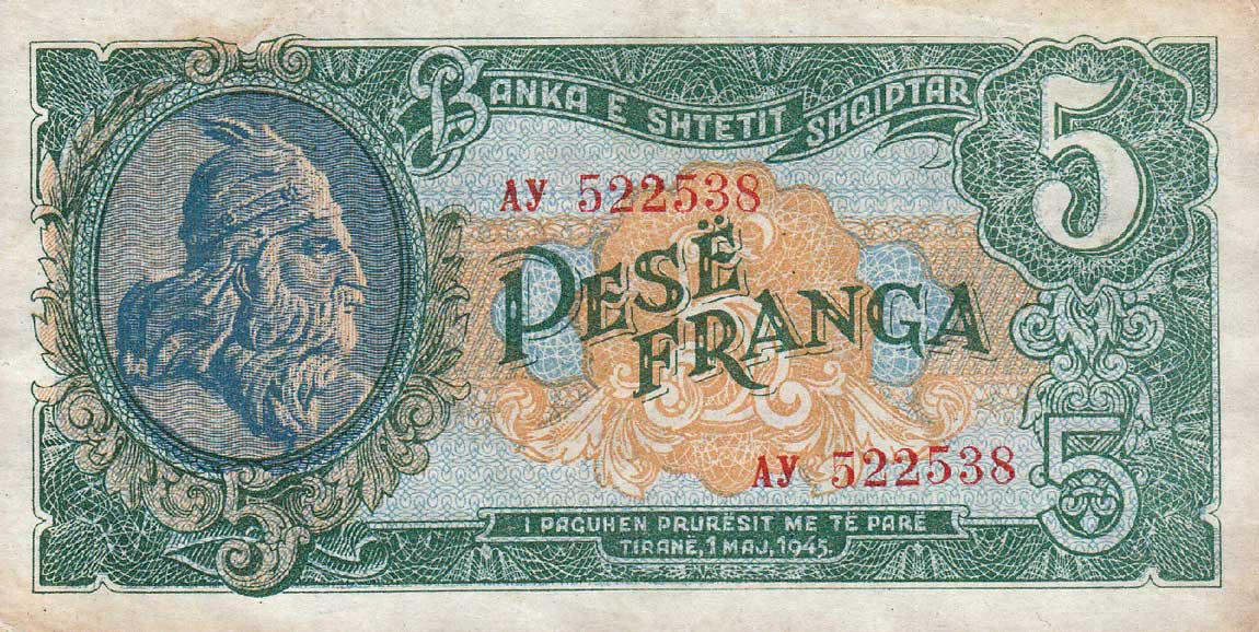 Front of Albania p15: 5 Franga from 1945