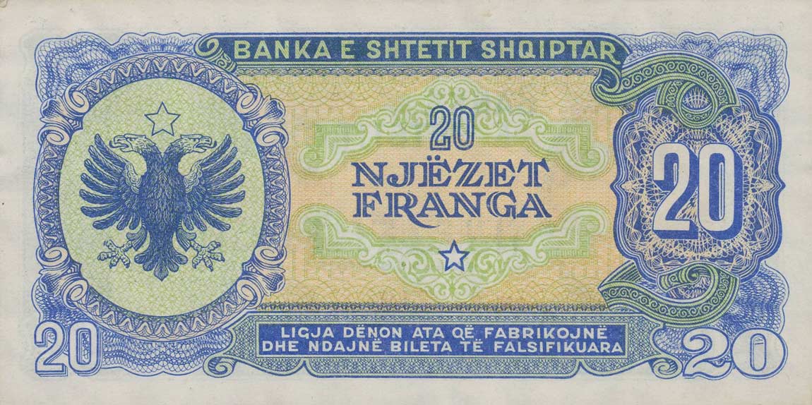 Back of Albania p16: 20 Franga from 1945