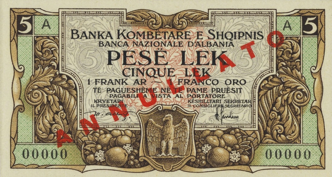 Front of Albania p1s: 5 Leke from 1925