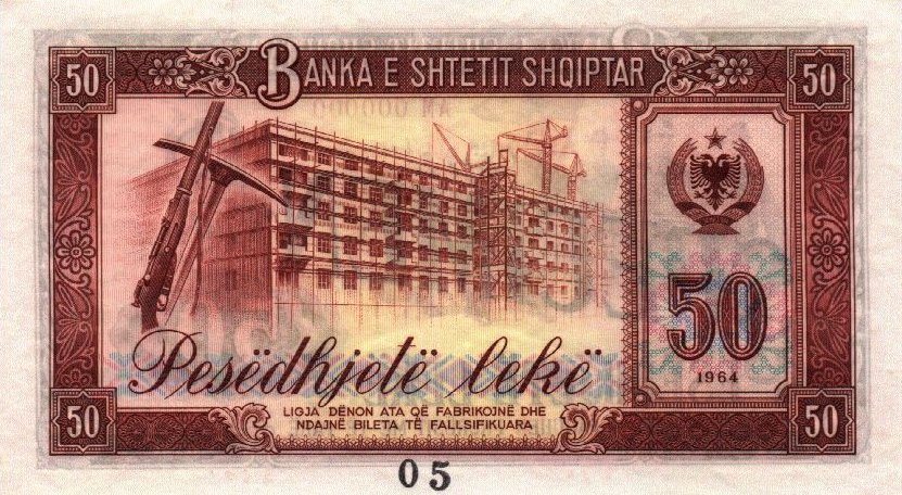 Back of Albania p38s: 50 Leke from 1964