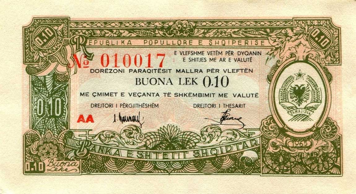 Front of Albania pFX22: 0.1 Lek from 1965