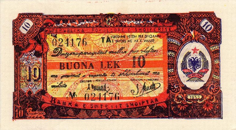 Front of Albania pFX6: 10 Leke from 1953