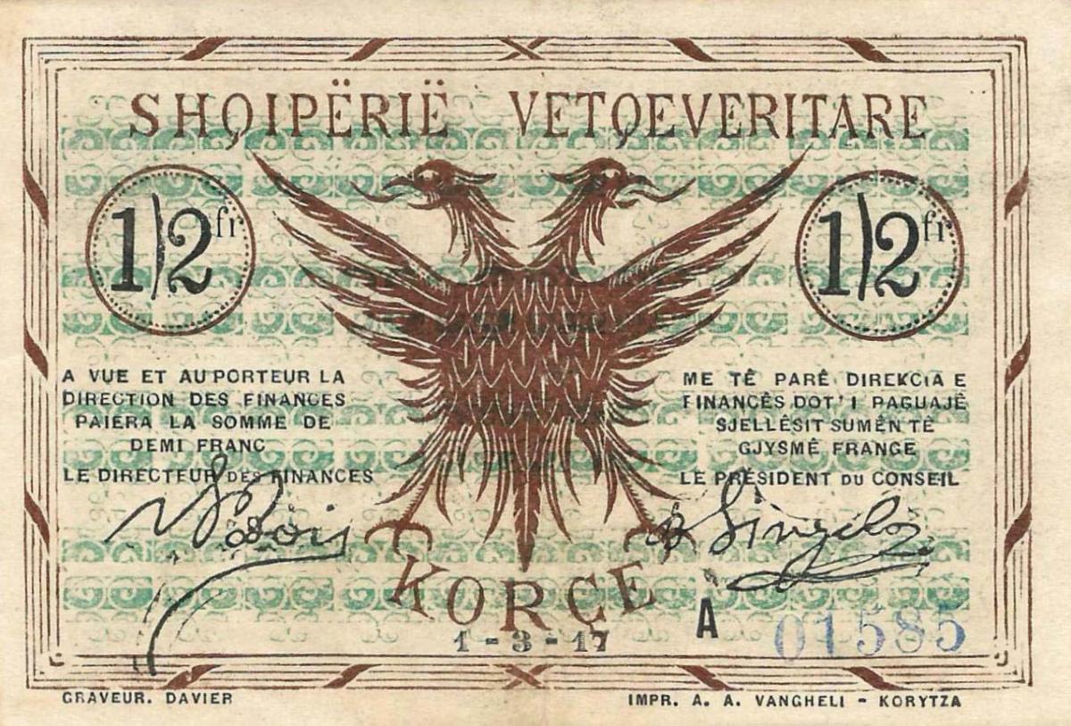 Front of Albania pS141a: 0.5 Franc from 1917