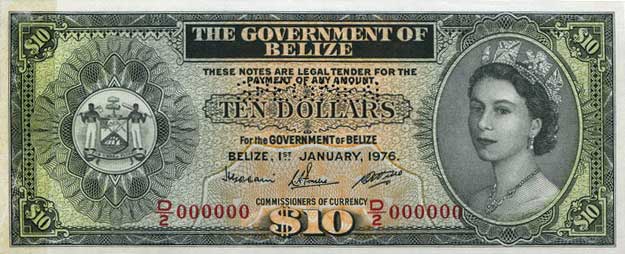 Front of Belize p36s: 10 Dollars from 1974
