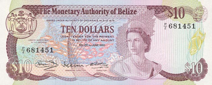Front of Belize p40a: 10 Dollars from 1980