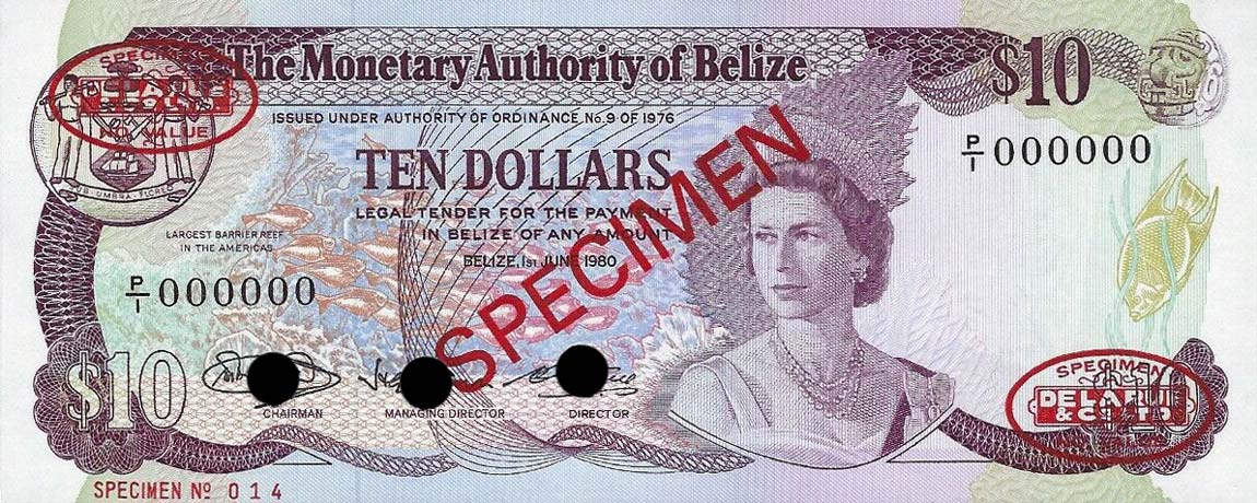 Front of Belize p40s: 10 Dollars from 1980