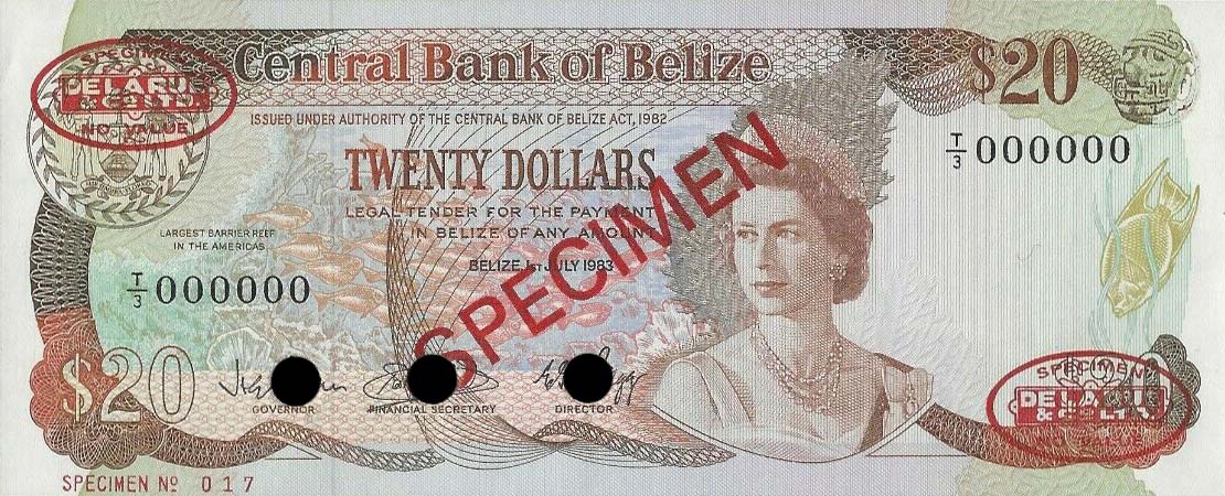 Front of Belize p45s: 20 Dollars from 1983