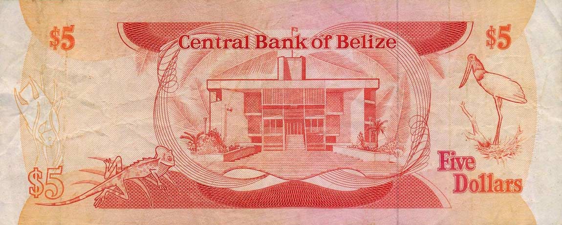 Back of Belize p47a: 5 Dollars from 1987