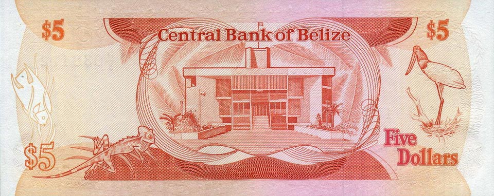 Back of Belize p47b: 5 Dollars from 1989