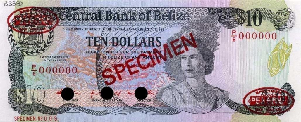 Front of Belize p48s: 10 Dollars from 1987