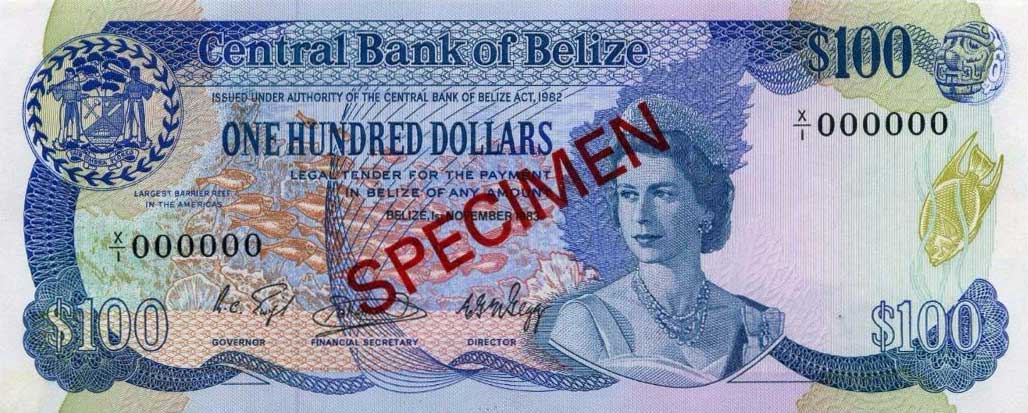 Front of Belize p50s: 100 Dollars from 1983