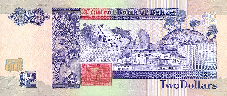 Back of Belize p52b: 2 Dollars from 1991