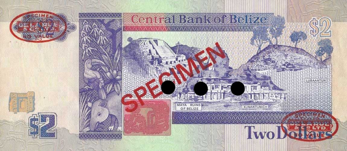 Back of Belize p52s: 2 Dollars from 1990