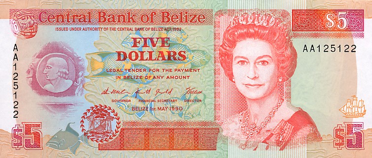 Front of Belize p53a: 5 Dollars from 1990