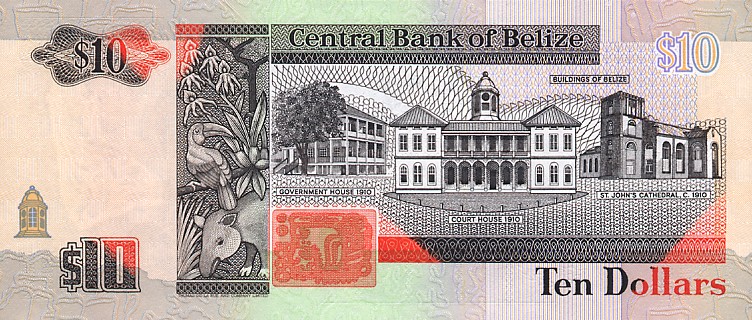 Back of Belize p54a: 10 Dollars from 1990