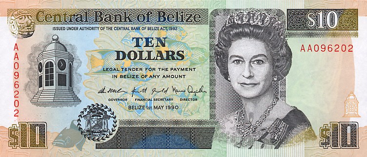 Front of Belize p54a: 10 Dollars from 1990