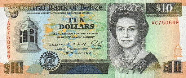 Front of Belize p54b: 10 Dollars from 1991