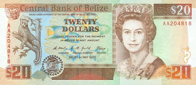 Front of Belize p55: 20 Dollars from 1990