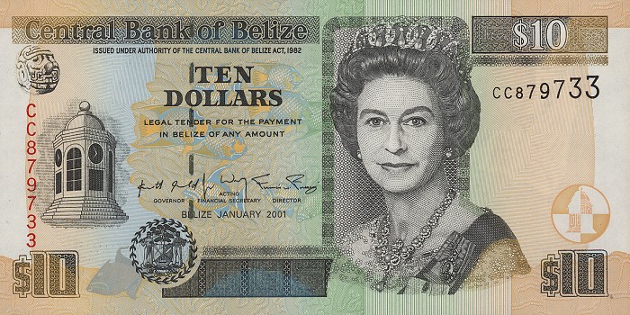 Front of Belize p62b: 10 Dollars from 2001