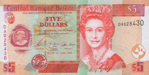 Front of Belize p67a: 5 Dollars from 2003