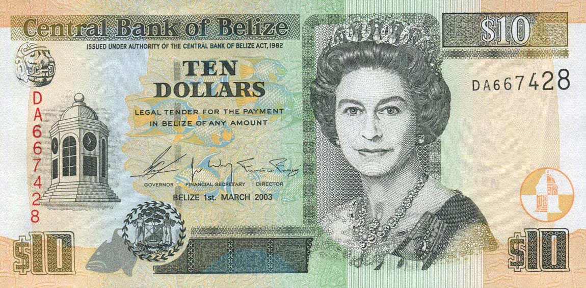 Front of Belize p68a: 10 Dollars from 2003